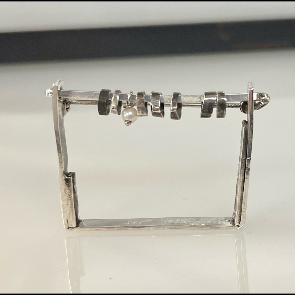 Sterling and Pearl Artisan abstract art brooch pin